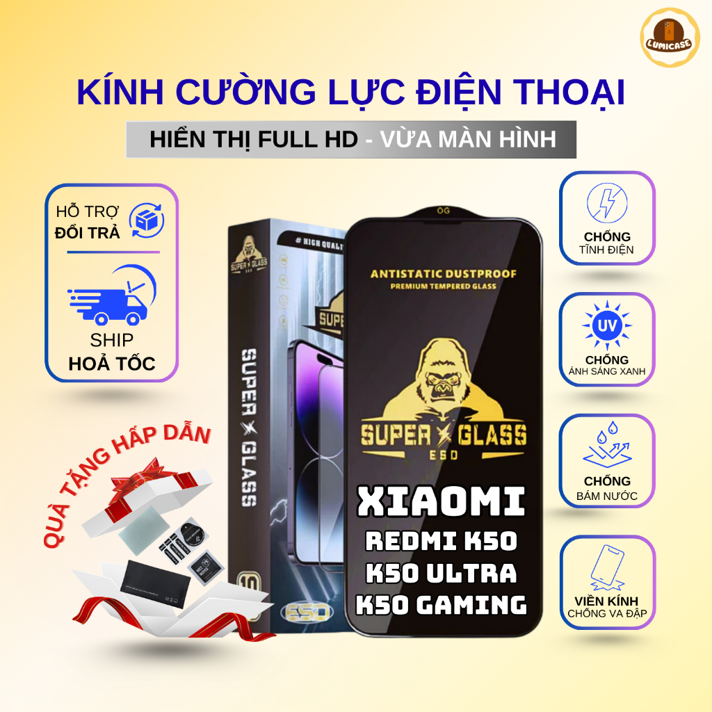 Kính cường lực cho REDMI K50/ K50 ULTRA, K50 GAMING KINGKONG Super Glas full màn, chống bám vân tay