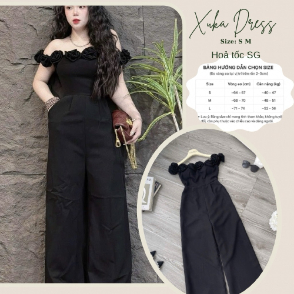 Jump bẹt vai đính hoa sang chảnh, jump đen dài ống rộng, chất tuyết mưa 2 lớp, có cup