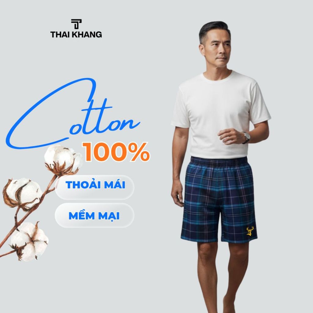  Quần đùi mặc nhà cotton nam Thái Khang vải cotton thoáng mềm mịn thoải mái form ngang gối QDUI50 