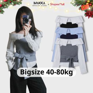  Áo nữ BIGSIZE MAKKA áo trễ vai dài tay viền bèo phối sơ mi kẻ sọc mix dây thắt nơ eo dáng ôm Hàn Quốc 3000 