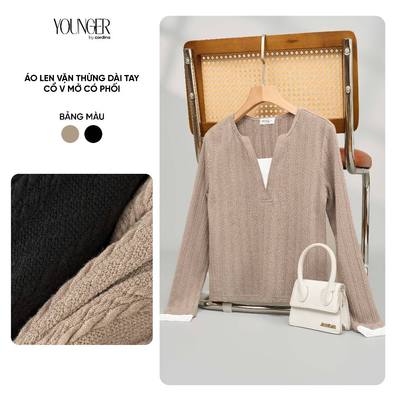 Áo len nữ YOUNGER BY CARDINA chất liệu len vặn thừng dài tay cổ V mở có phối 5YALD10