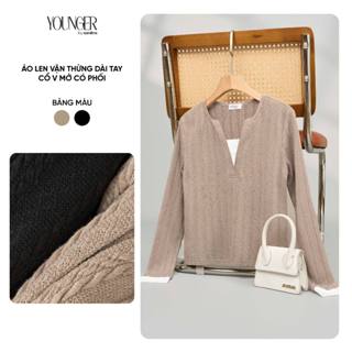  Áo len nữ YOUNGER BY CARDINA chất liệu len vặn thừng dài tay cổ V mở có phối 5YALD10 