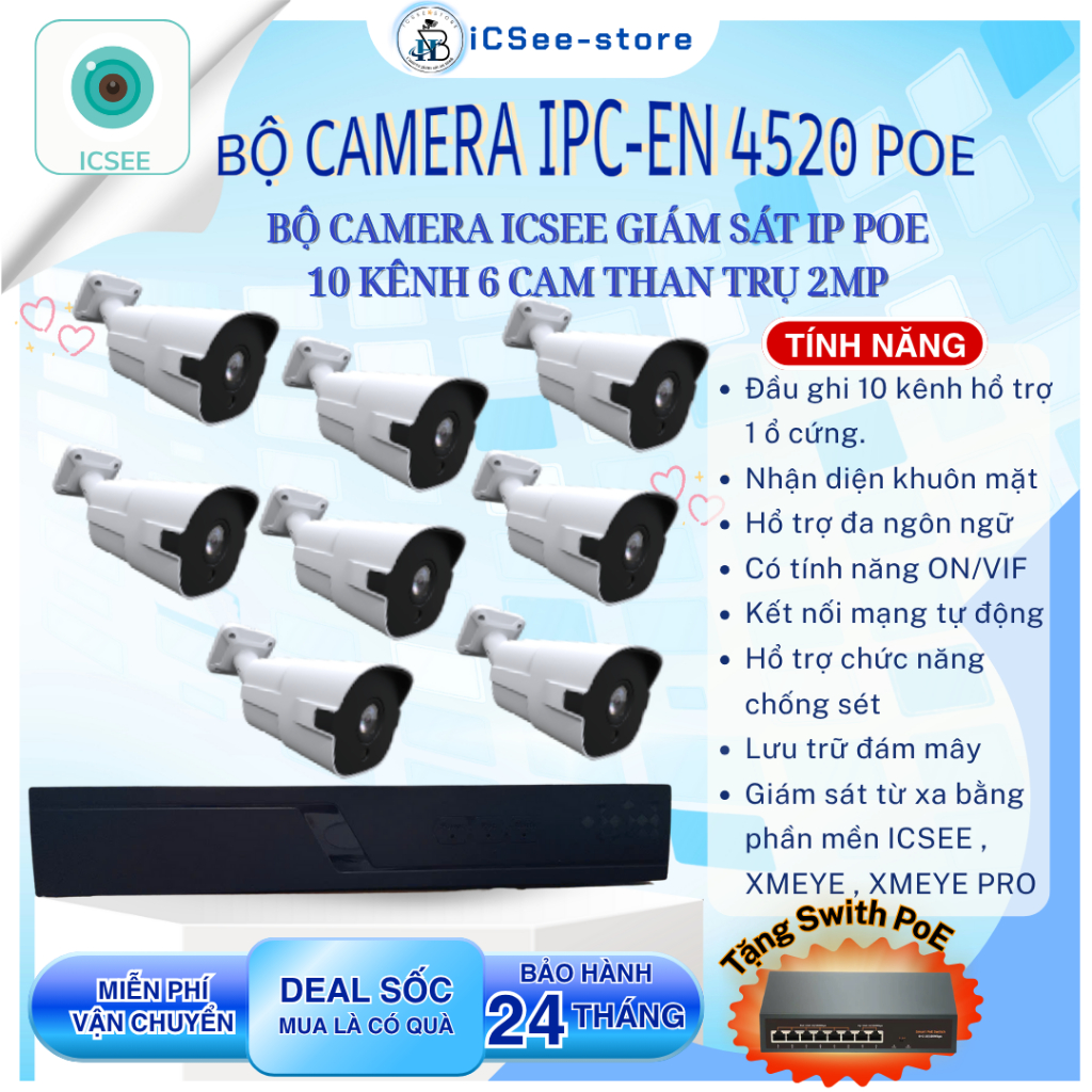 Bộ camera iCSee giám sát IP POE 10 Kênh 8 camera 2MP ( tặng Swith PoE )