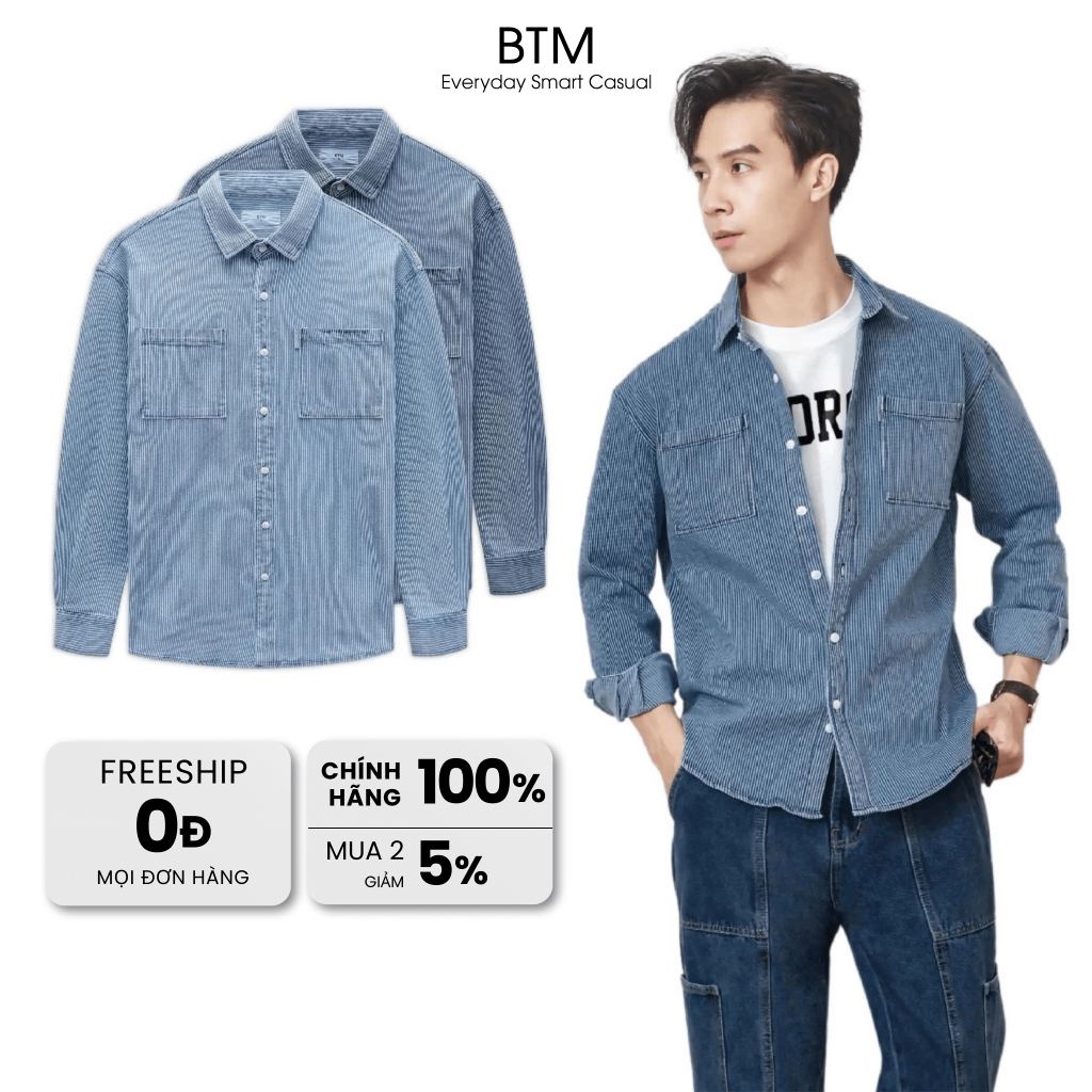 Áo Sơ Mi Nam BTM Denim Checked Shirt Regular Fit, Chất Denim Cao Cấp, Form Rộng Rãi - Mã 21.642
