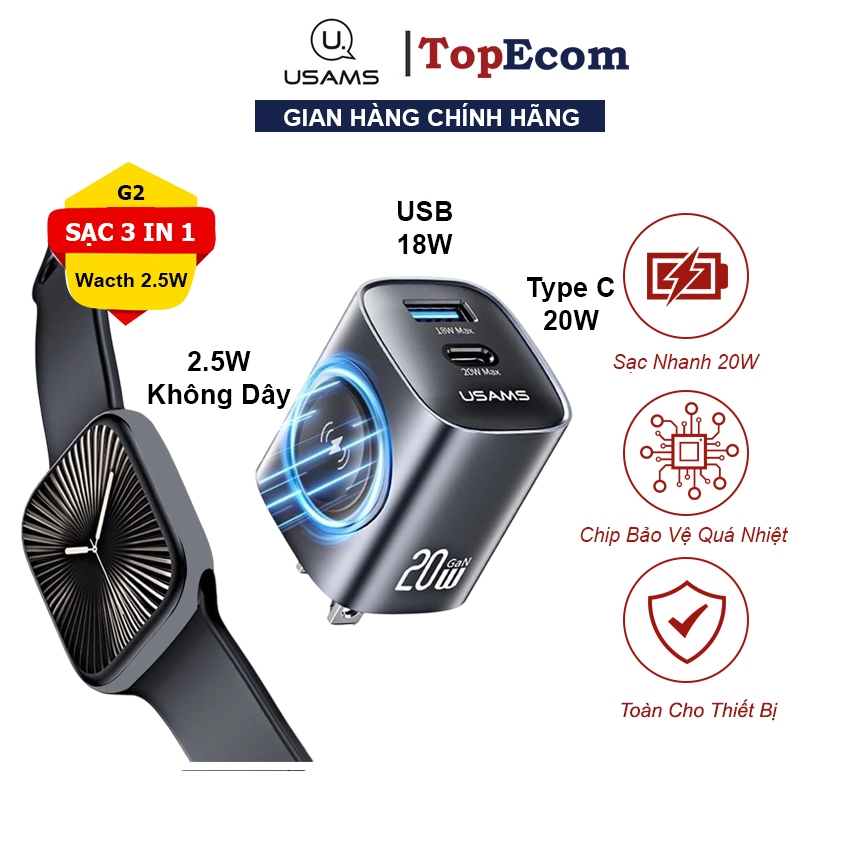 Củ Sạc Nhanh PD 20w U+C Kiêm Đế Sạc Không Dây 2.5w Usams Cho App-le Watch Có Hit Nam Châm