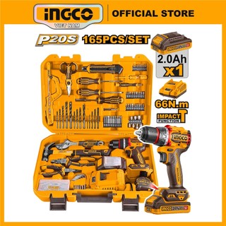  Bộ dụng cụ sửa chữa INGCO HKTHP11651 165 món Máy Khoan Pin 20V 3 chức năng 66Nm có búa khoan tường gỗ kim loại siết vít 