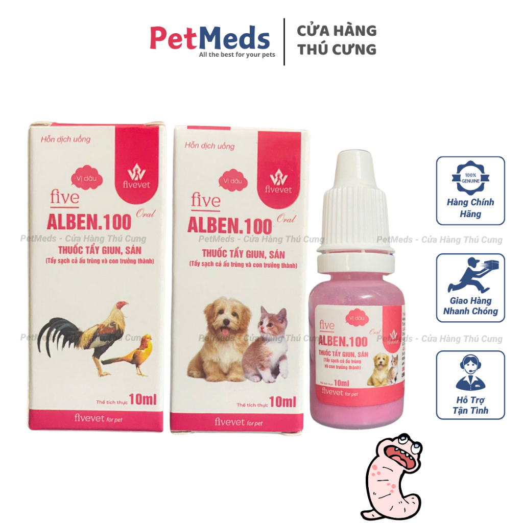 ALBEN 100 Oral Chai Xổ Giun Sán Dạng Nước Vị Dâu Cho Chó Mèo, Gà, Chim Cảnh - Chai 10ml