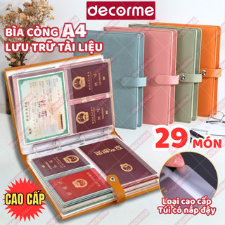 Sổ Đựng Giấy Tờ Bìa Da A4 Đựng Tài Liệu Quan Trọng Decorme Kèm 28 Túi Zip Chống Nước Đa Kích Cỡ