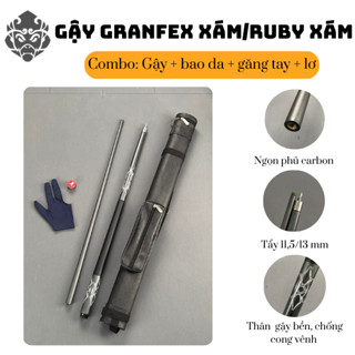  COMBO Gậy Bida Carbon GRANFEX  RUBY Xám  LÊN KÍNH TRỢ LỰC+Bao+Găng+Lơ  Phủ Carbon Ngọn 11.5 13MM Tay Cầm Nhám Chắc Chắn 