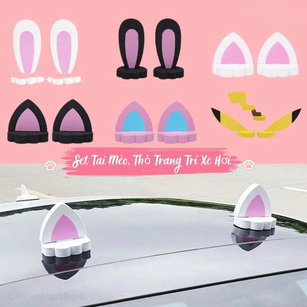 Phụ kiện tai mèo, tai thỏ, tai pikachu gắn nóc xe ô tô siêu ngộ nghĩnh đáng yêu