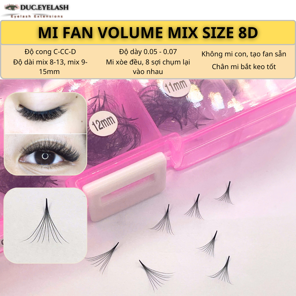 Mi fan sẵn 8D volume mix 8-13, 9-15mm, cong C-CC-D, Lông Mi Nhân Tạo, dụng cụ nối mi / Đức Eyelash