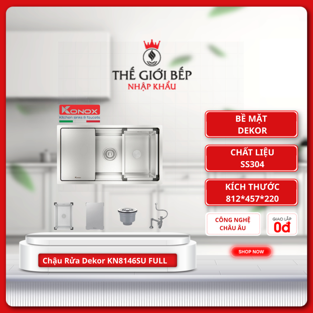 Chậu Rửa Chén Konox Dekor KN8146SU – 2 Ngăn Rộng, Bo Góc Vuông Cứng Cáp