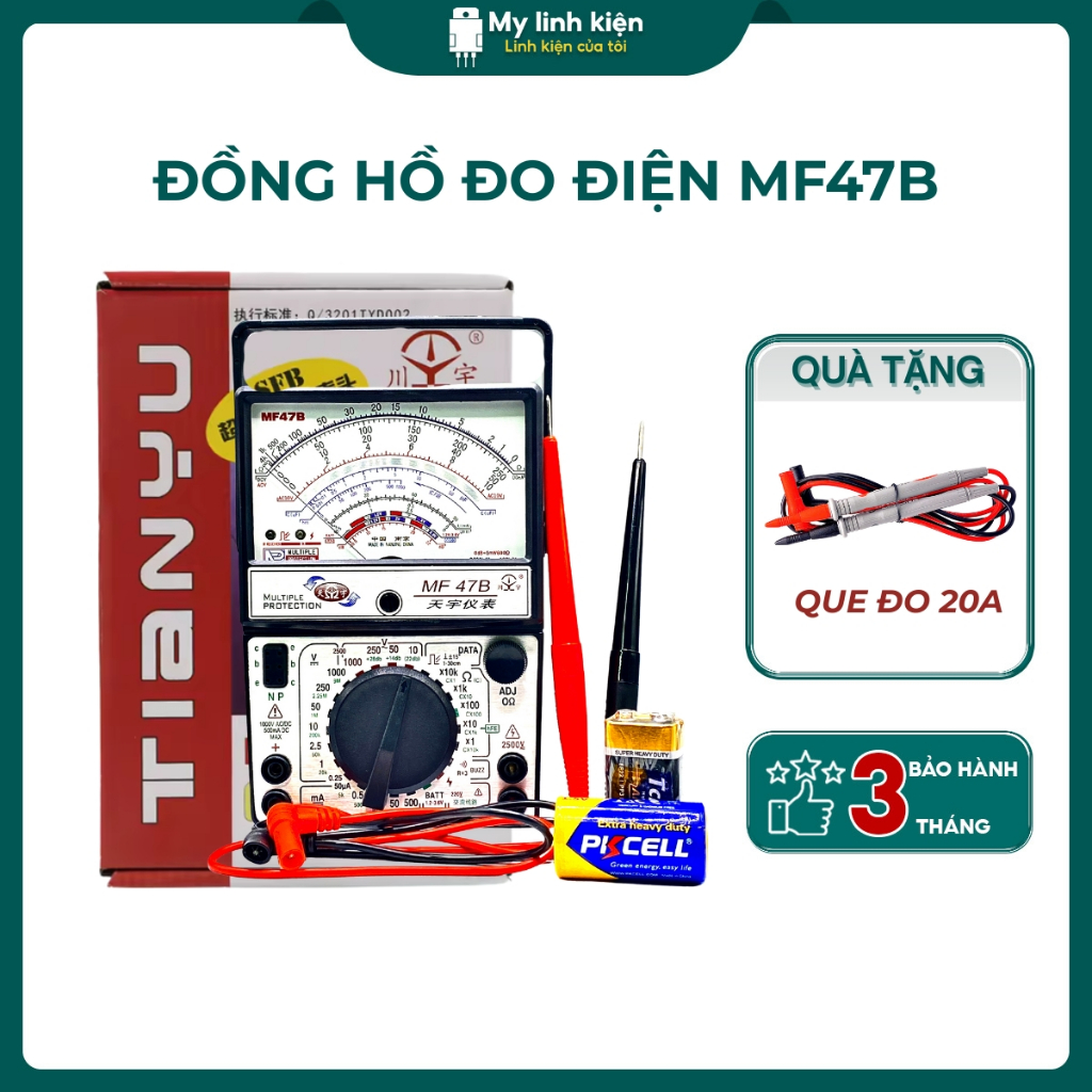 Đồng hồ đo điện vạn năng kim MF47B siêu phẩm đồng hồ tặng kèm que đo 20A chính hãng