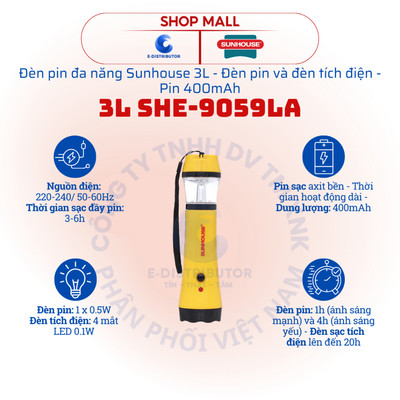 [HỎA TỐC] Đèn pin đa năng Sunhouse 3L SHE-9059LA - Dung lượng pin 400mAh - Hàng chính hãng