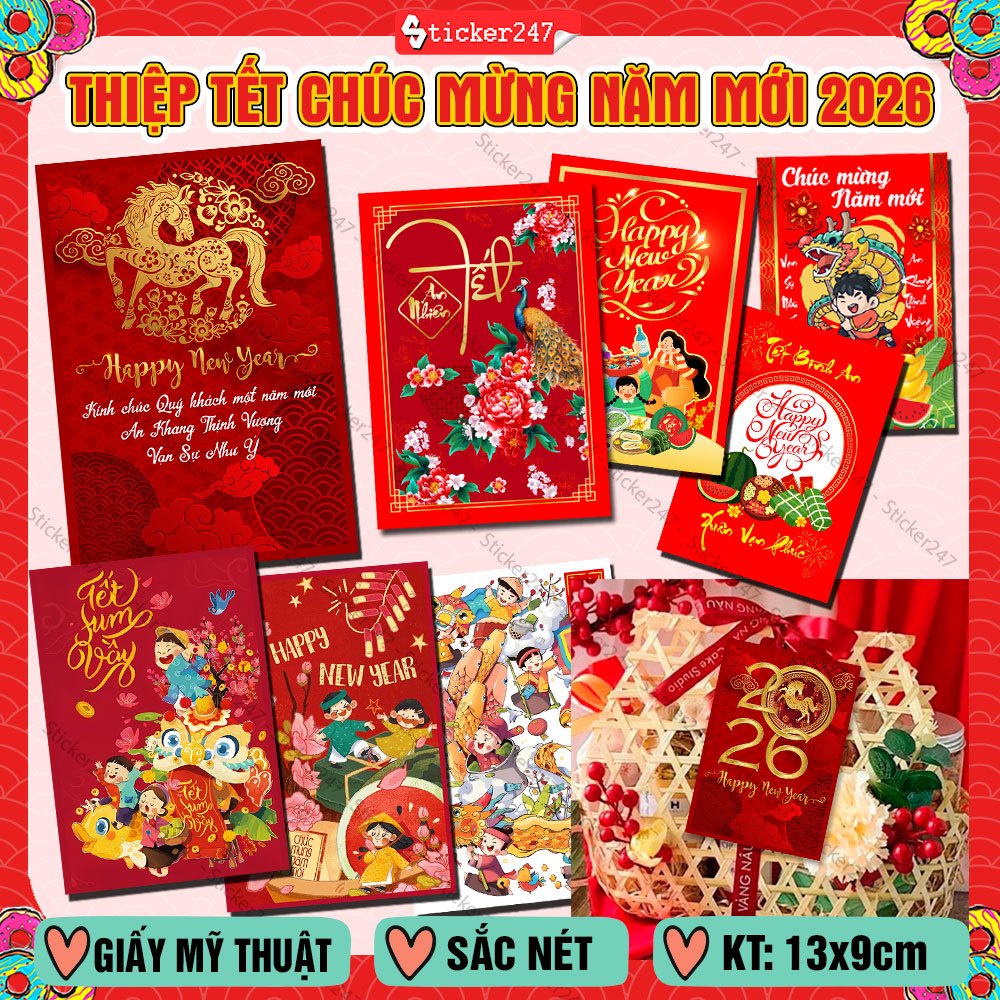 Thiệp Tết 2026 Chúc Mừng Năm Mới Bính Ngọ 🌈𝑭𝒓𝒆𝒆𝒔𝒉𝒊𝒑 Thiệp Chúc Tết Giấy Mỹ Thuật Dùng Tặng Kèm Giỏ Quà, Tag Treo Tết