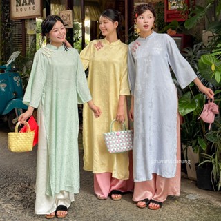   HAVANA  CÓ BIGSIZE - Áo dài lụa CƠ UYỂN phối hoạ tiết chìm đính cúc sò kèm quần Satin AD182 