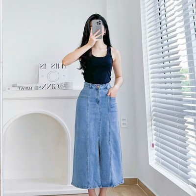Chân váy jean dáng dài xẻ trước thời trang Callene (XK839)