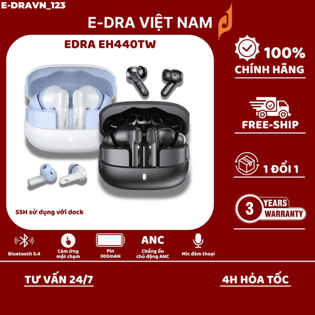 Tai Nghe Earbuds EDRA EH440TW, bluetooth 5.4, chống ồn chủ động ANC [BH CHÍNH HÃNG 24 THÁNG]