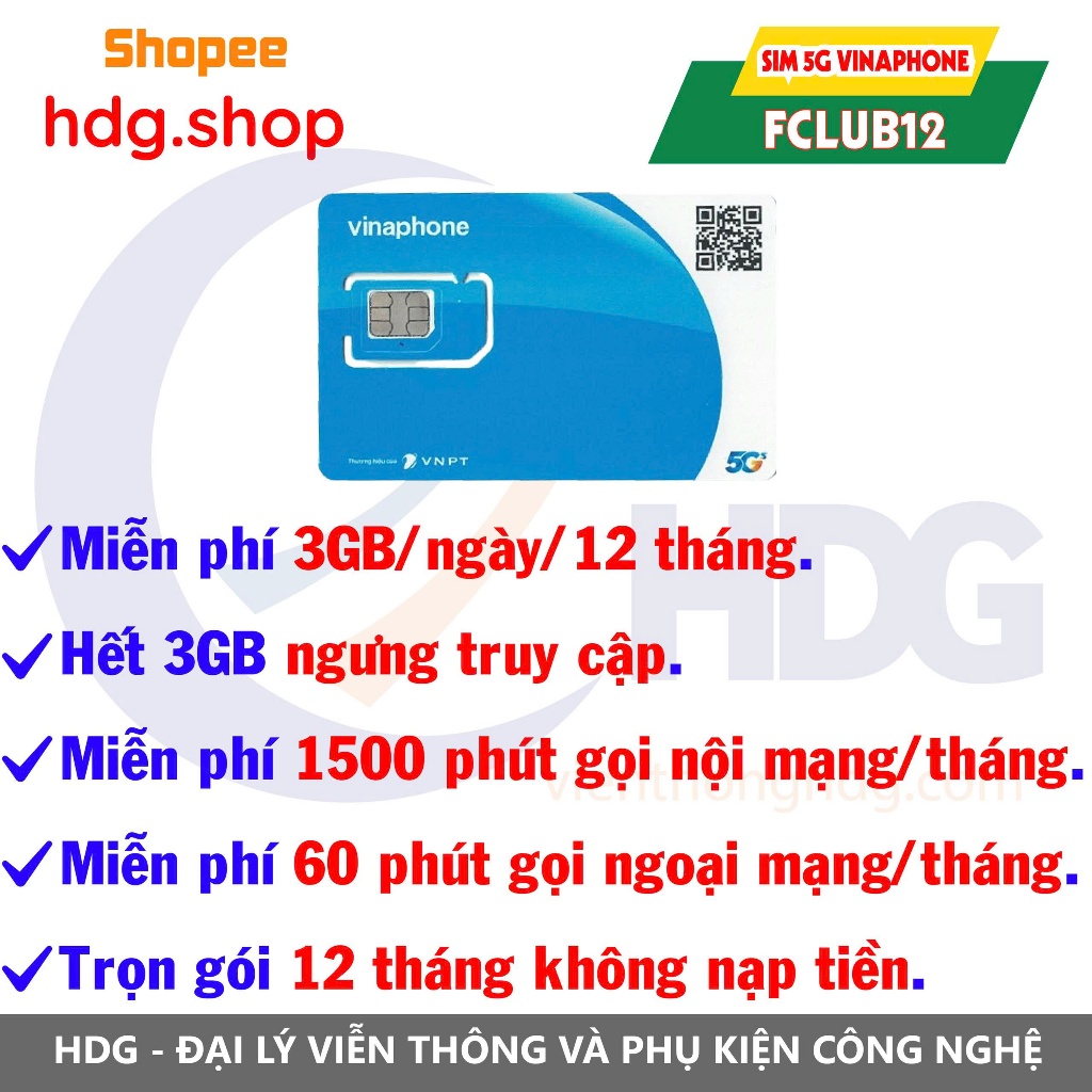 Sim 4G Vinaphone Fclub Tặng 3gb/ngày, 50 phút ngoại mạng ,1500 phút nội mạng, trọn gói 1 năm - Hdg.s