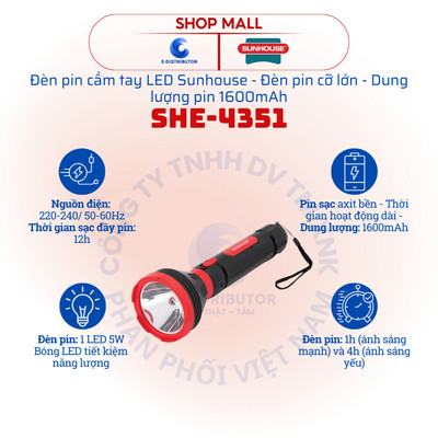 [HỎA TỐC] Đèn pin cầm tay LED Sunhouse SHE-4351 cỡ lớn - Dung lượng pin 1600mAh - Hàng chính hãng