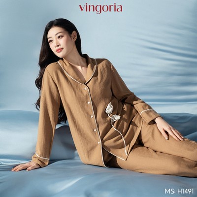 Pijama bộ đồ ngủ nữ VINGO/VINGORIA tay dài mùa thu chất Linen H1491