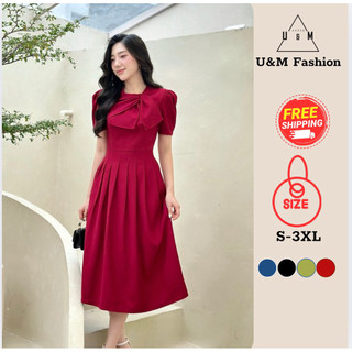  Váy thiết kế U&M nơ cổ lệch xếp li dáng dài thanh lịch đi tiệc giáng sinh tết có Bigsize  VP44  