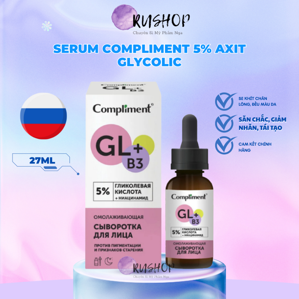 Serum Compliment 5% axit glycolic và Niacinamide B3 làm sáng da, chống lão hóa căng bóng 27ml (hồng)