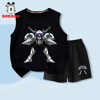 Bộ bé trai BOBDOG áo ba lỗ quần thun cotton co giãn in hình TV MAN cute cho bé BD-KS17
