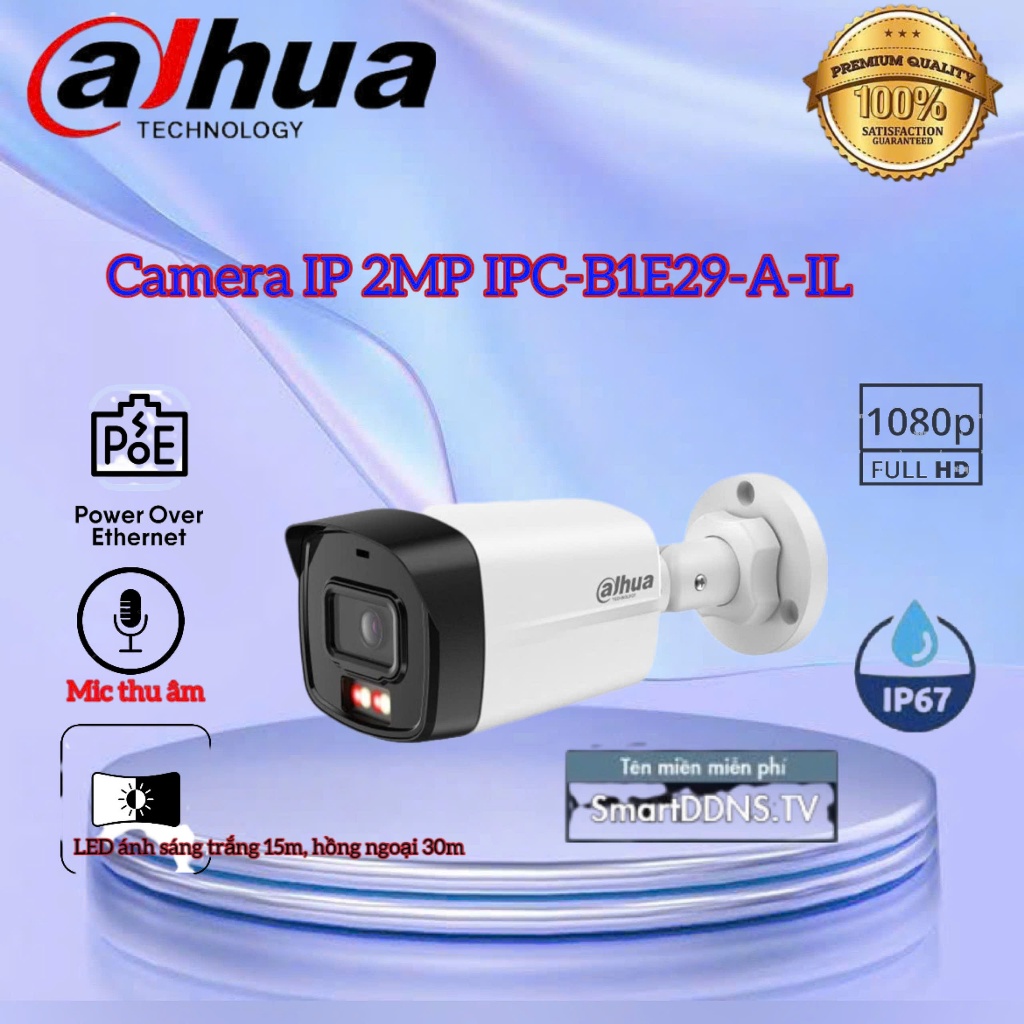 Camera IP 2MP DAHUA DH-IPC-B1E29-A-IL - CAM THÂN NGOÀI TRỜI - LED ánh sáng trắng 15m, hồng ngoại 30m