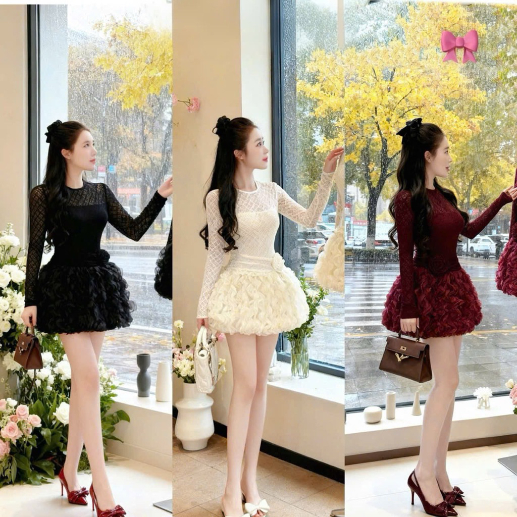 Đầm Thiết Kế Dự Tiệc Tay Dài Ren Váy Xòe Bồng Hoa Nổi Lazer – Váy Tiểu Thư Sang Trọng Kieupham.shop | BigBuy360 - bigbuy360.vn