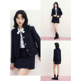  LIPU - SET ÁO BLAZER CỔ TRÒN CÚC VÀNG DÁNG NGẮN MIX CHÂN VÁY XANH CÙNG MÀU 