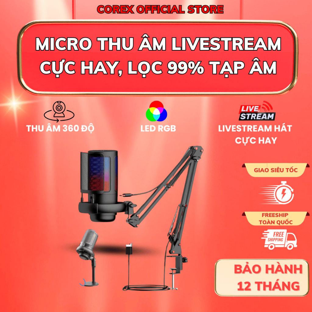 Micro Thu Âm Livestream Chuyên Nghiệp CoreX ME6S, Lọc Tạp Âm, LED RGB, Thu Âm 360° Cho Pc Laptop