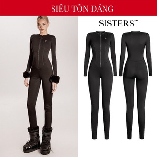 Jumpsuit nữ dài ống bó cổ cao SISTERS dáng dài tay khóa kéo ngực phối đường viền eo quyến rũ màu đen Flurry | SS-J79-D