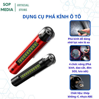 Búa thoát hiểm phá kính ô tô 4in1 bảng số điện thoại đặt taplo búa phá kính, đèn pin, kéo cắt dây an toàn