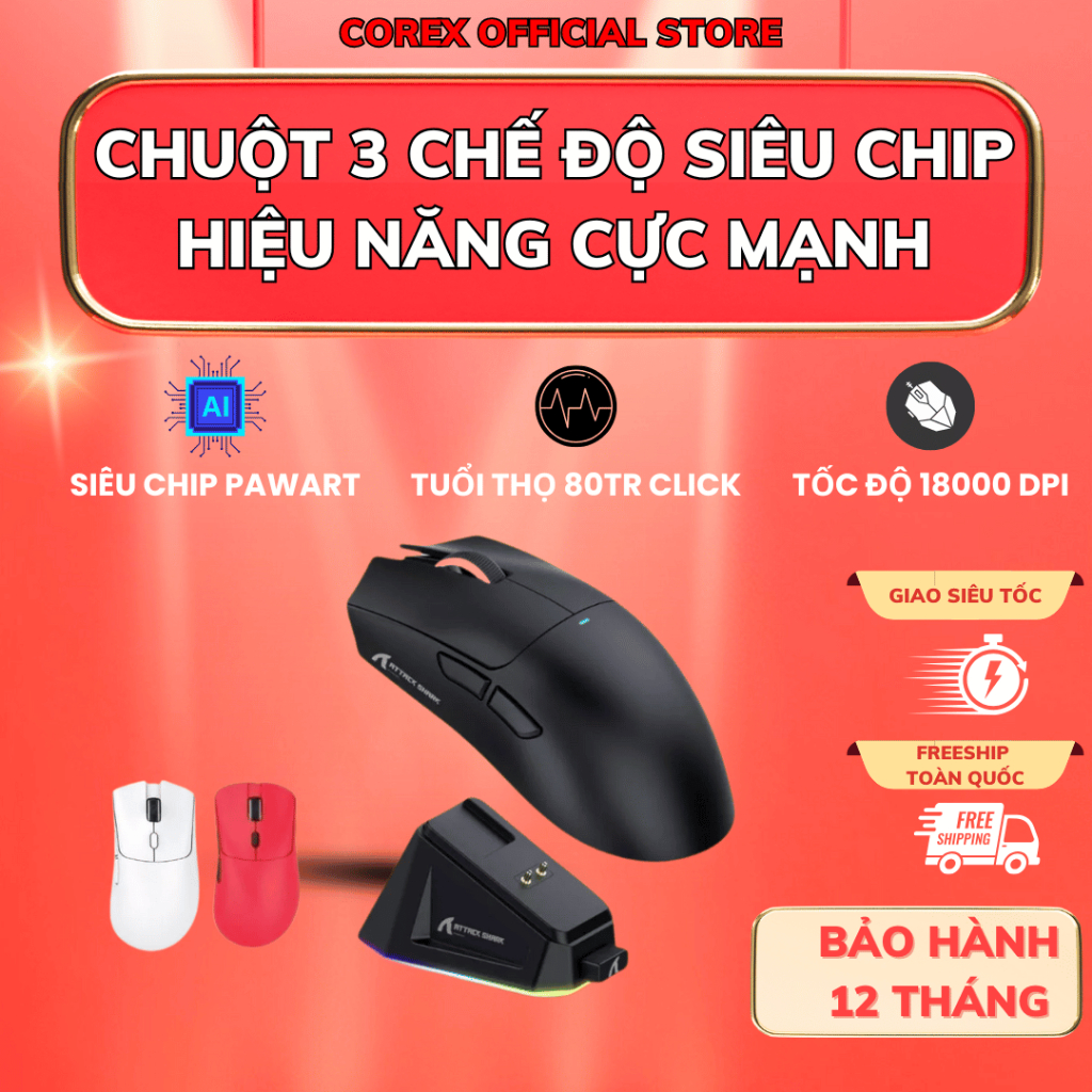 Chuột Gaming Không Dây Bluetooth CoreX Attack Shark X11 Chip PRO PAW3311 Có Dock Sạc LED, 22000 DPI