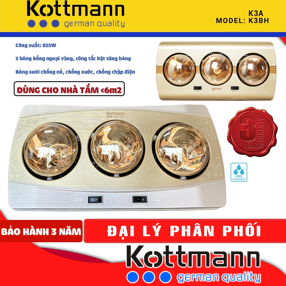   BẢO HÀNH 3 NĂM 1 ĐỔI 1  Đèn sưởi nhà tắm Kottmann 3 Bóng Hồng Ngoại K3BH   K3A  CHÍNH HÃNG  