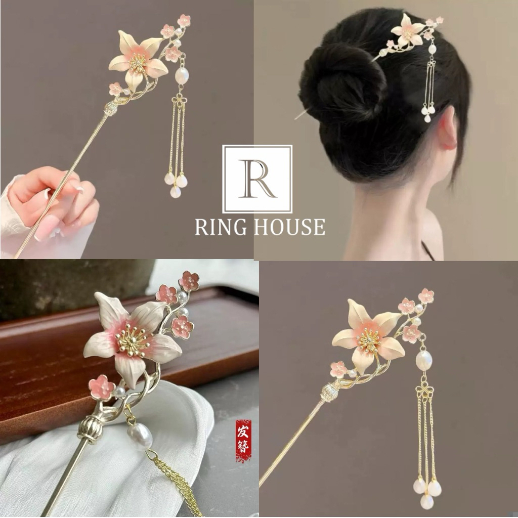 T83 Trâm cài tóc nữ hoa trắng hồng cổ trang đẹp