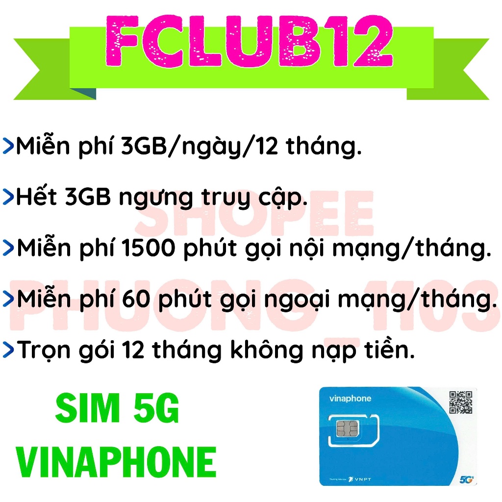 Sim 4G Vinaphone Fclub Tặng 3gb/ngày ,1500 phút nội mạng, 50 phút ngoại mạng, trọn gói 1 năm