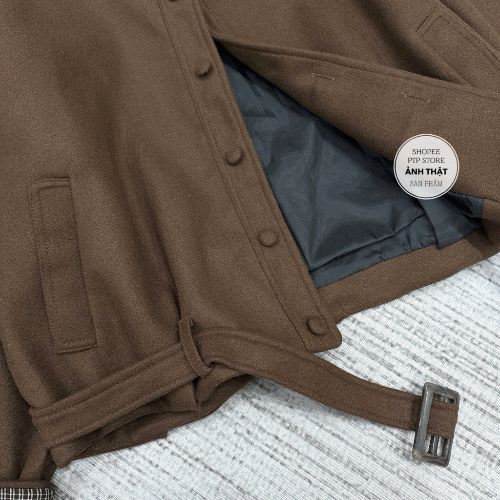[A0.273] Áo Khoác Dạ Len 2 Lớp Phối Tay Kẻ Kèm Đai Cúc Bọc Dày Dặn 2 Màu | BigBuy360 - bigbuy360.vn