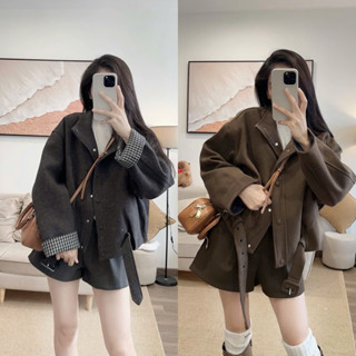   A0.273  Áo Khoác Dạ Len 2 Lớp Phối Tay Kẻ Kèm Đai Cúc Bọc Dày Dặn 2 Màu 