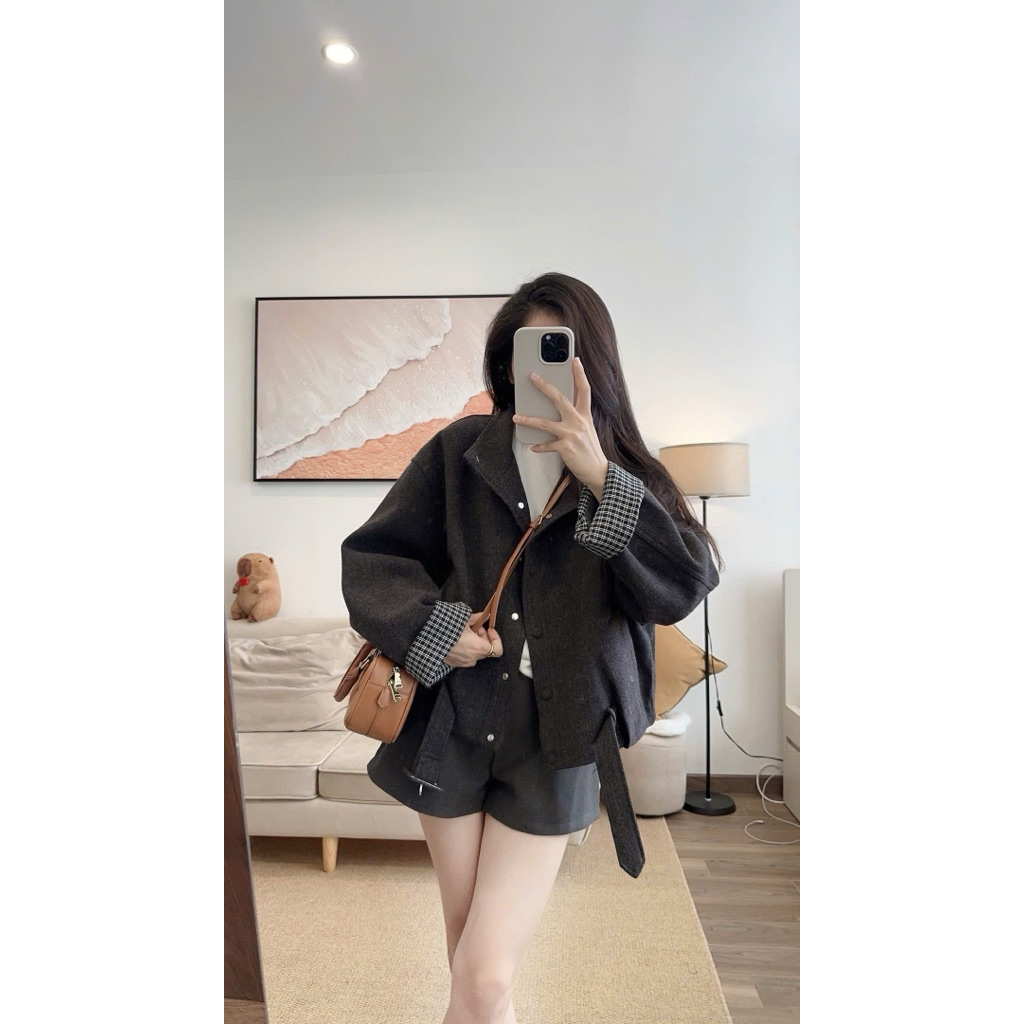 [A0.273] Áo Khoác Dạ Len 2 Lớp Phối Tay Kẻ Kèm Đai Cúc Bọc Dày Dặn 2 Màu | BigBuy360 - bigbuy360.vn