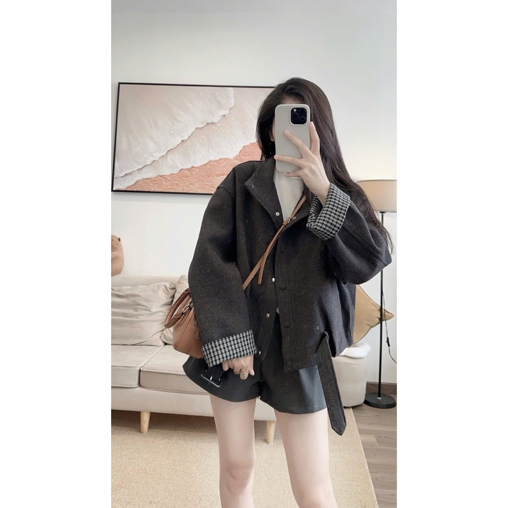 [A0.273] Áo Khoác Dạ Len 2 Lớp Phối Tay Kẻ Kèm Đai Cúc Bọc Dày Dặn 2 Màu | BigBuy360 - bigbuy360.vn