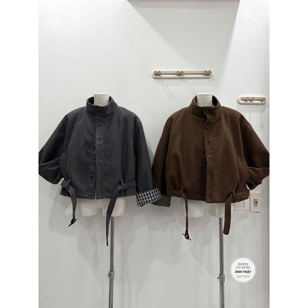 [A0.273] Áo Khoác Dạ Len 2 Lớp Phối Tay Kẻ Kèm Đai Cúc Bọc Dày Dặn 2 Màu | BigBuy360 - bigbuy360.vn