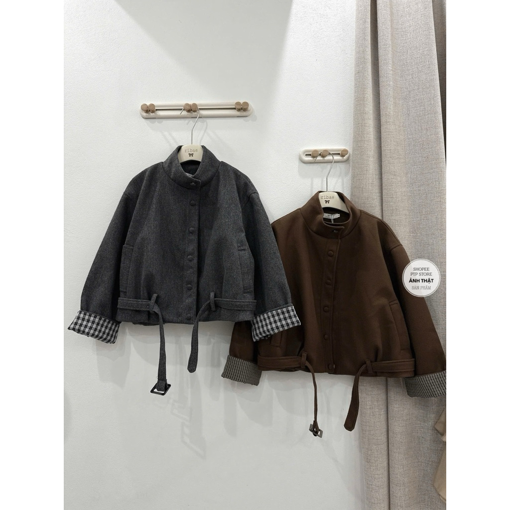 [A0.273] Áo Khoác Dạ Len 2 Lớp Phối Tay Kẻ Kèm Đai Cúc Bọc Dày Dặn 2 Màu | BigBuy360 - bigbuy360.vn