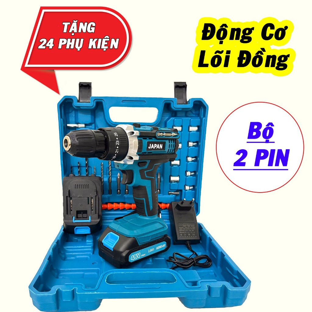 Máy Khoan Pin Đầu Kẹp 10Ly - Hàng Chuẩn Lõi Đồng, 3 Chức Năng - Tặng 24 Món Phụ Kiện