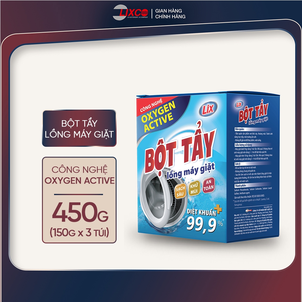 Bột tẩy lồng máy giặt Lix công nghệ Oxygen Active hộp 3 túi 150gx3 - giúp phân hủy cặn bẩn, mảng bám