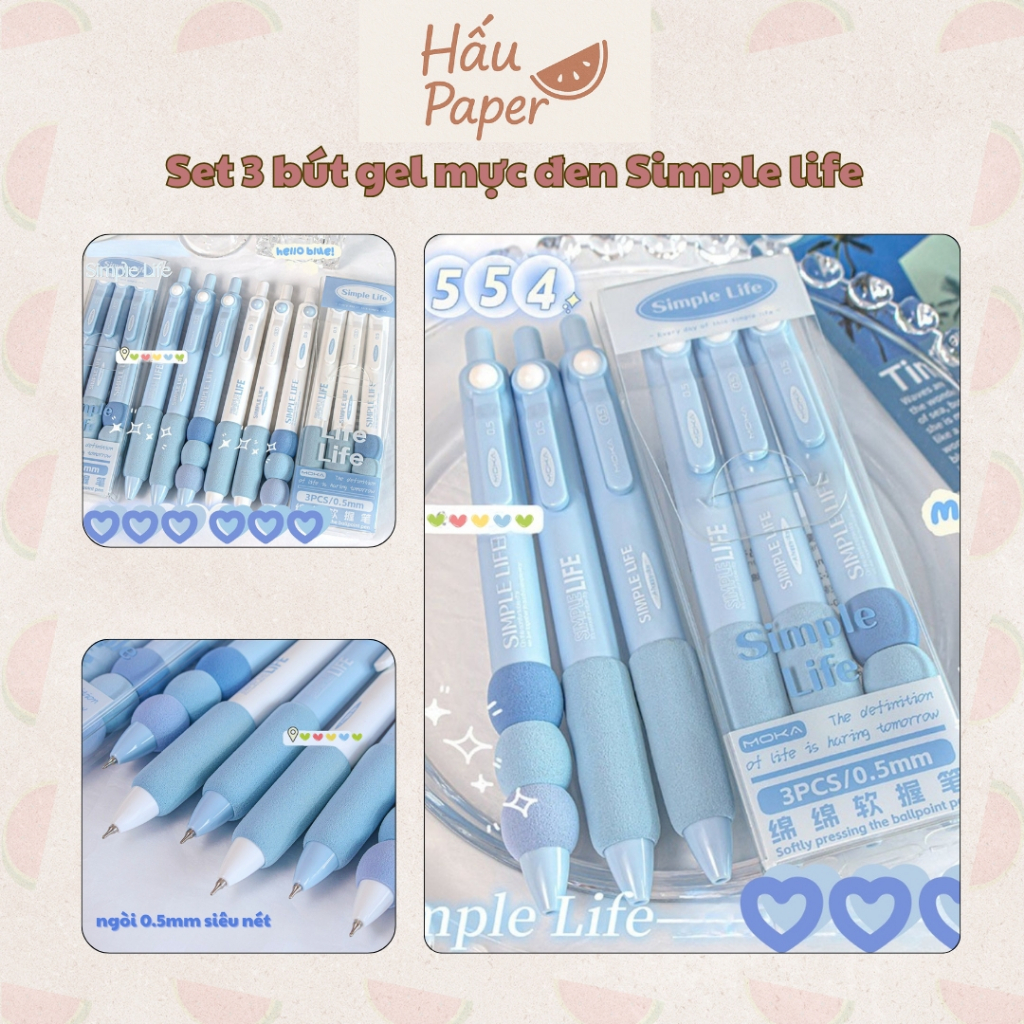 Hấu Paper Set 3 Bút mực đen Simple Life, Thiết kế có đệm tay êm ái, ngòi bút mảnh 0.5mm, mực ra đều 