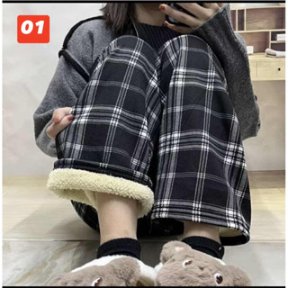  Quần kẻ lót lông  caro cạp chun dáng dài ống rộng lưng cao phong cách Hàn Quốc 