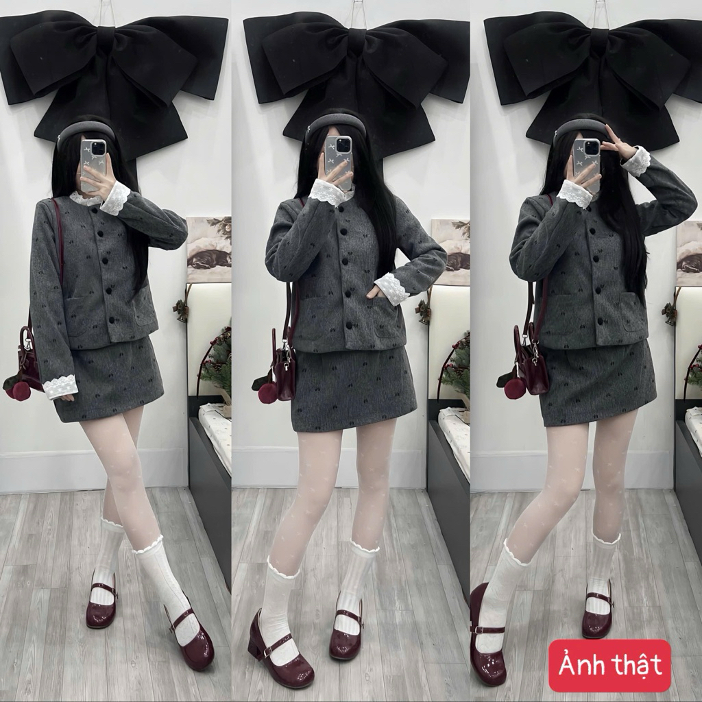 [S2.4224] Set Dạ Len Nơ Áo Khoác Phối Cổ Ren Túi Bên Mix Chân Váy Chữ A Hàng 2 Lớp Dày Dặn | BigBuy360 - bigbuy360.vn