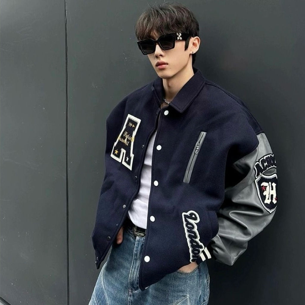 Áo khoác varsity jacket chữ A màu xanh dương chất vải dạ lót chần bông có phối tay da cao cấp , áo k